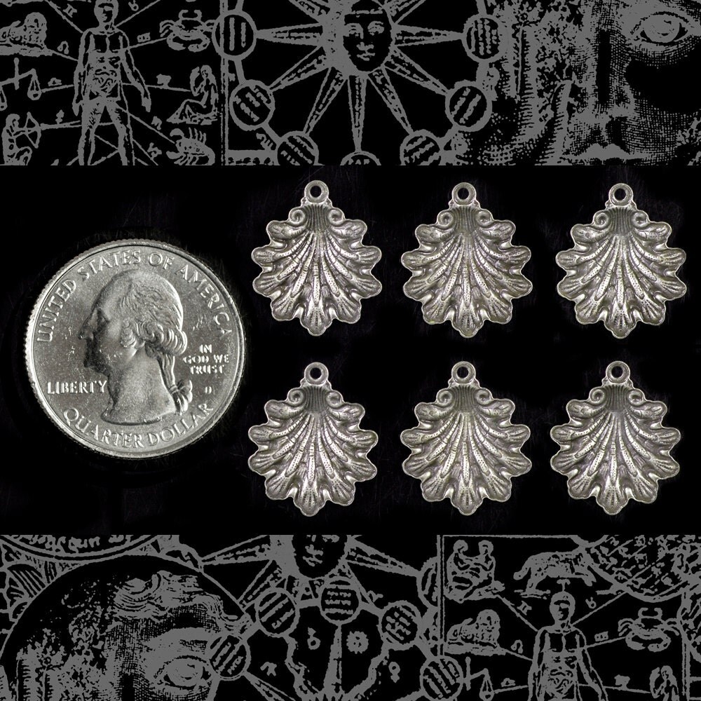 Antiqued Silver Plated Brass Art Deco Shell Charms - Set of Six - S-C87