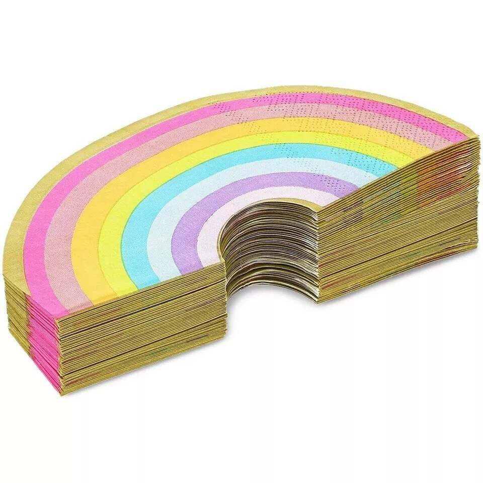 Rainbow Party Napkins with Gold Foil 50PC for Theme Parties, Kids Party, 6.5 &#x22;