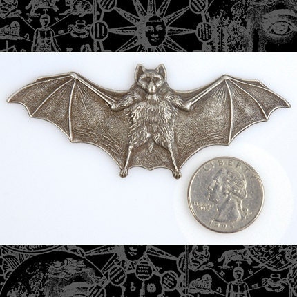 Antiqued Silver Plated Brass Gigantic Bat Pendant - S-P08