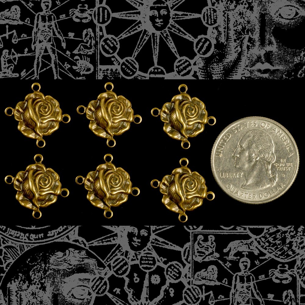Antiqued Brass Four Ring Rose Connectors - Set of Six - AB-4C09