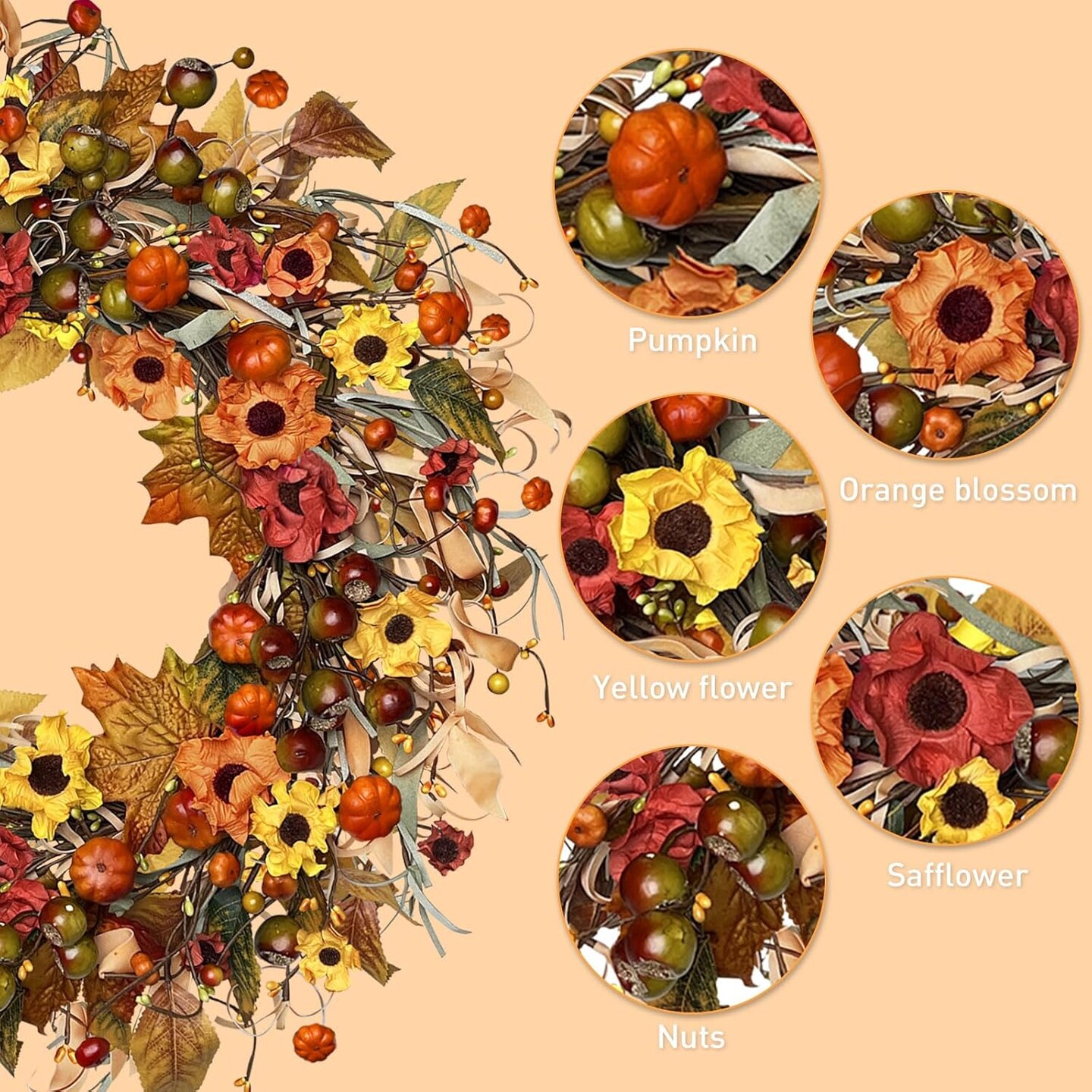 Fall Farmhouse Wreath with Berry,Daisies and Pumpkins, Autumn Wreaths for Front Door Outdoor Window Indoor Thanksgiving Halloween Decor