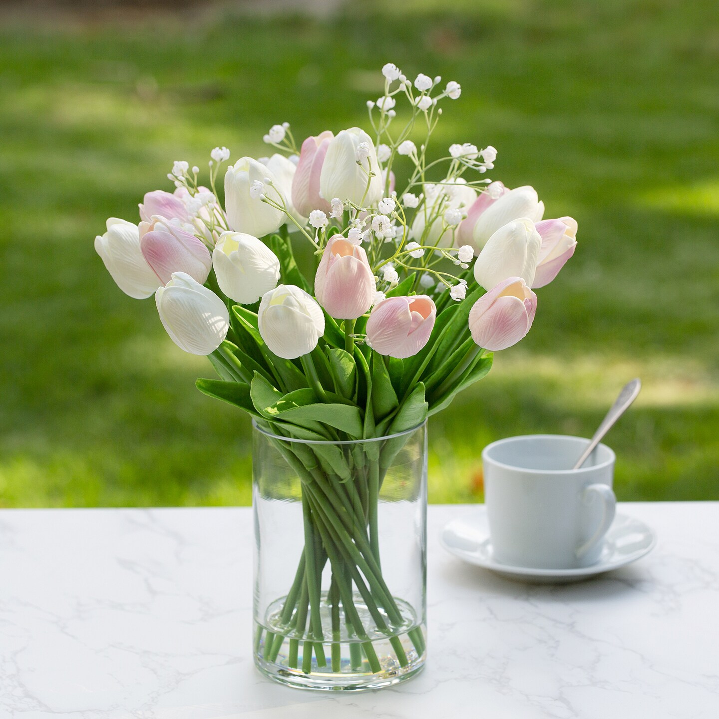 18 Heads Artificial Tulips Flowers Real Touch in Vase, Mixed Fake
