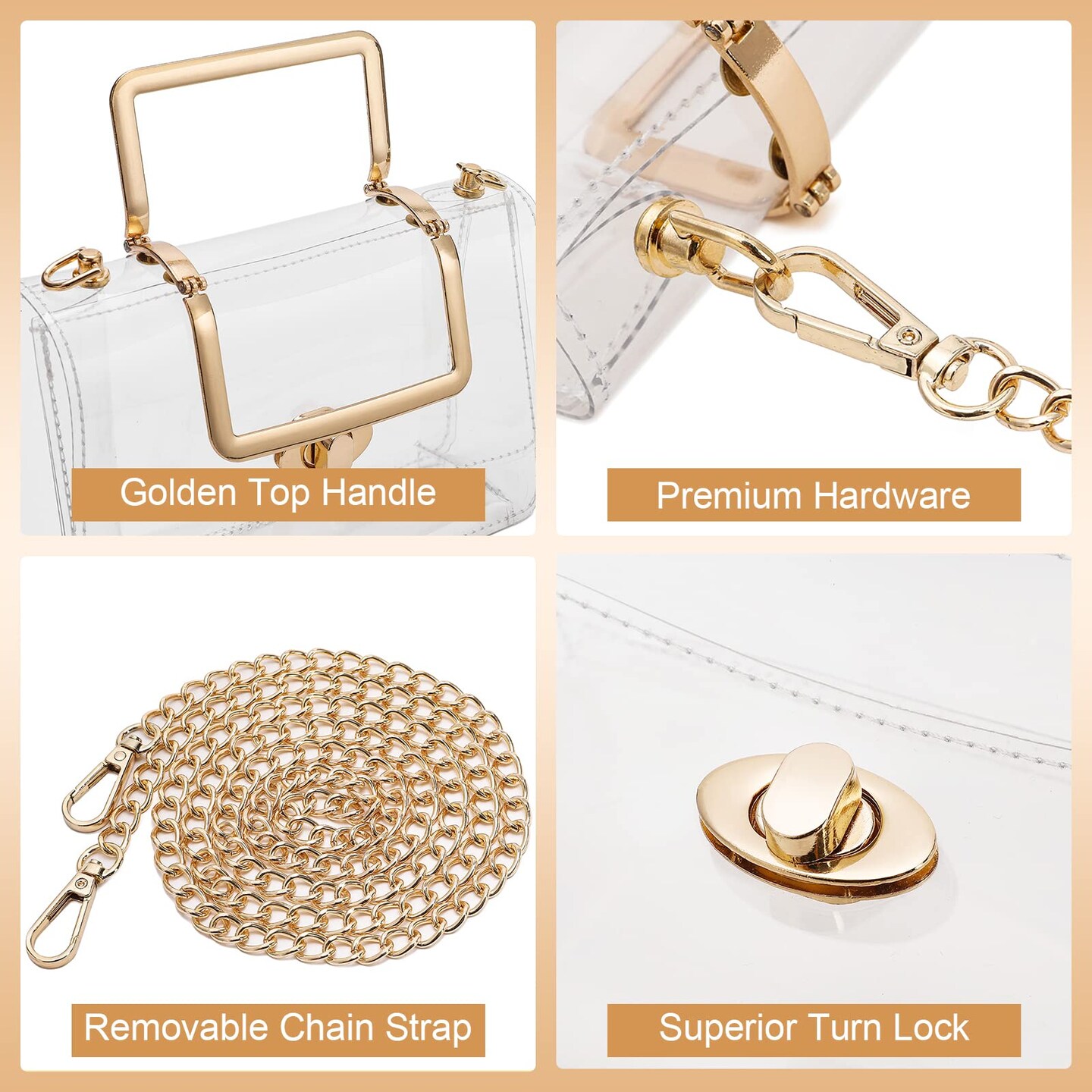 Clear Purse Stadium Approved for Women,Small Clear Bag Crossbody,Clear Clutch Handbag for Concert,Gameday(Golden)