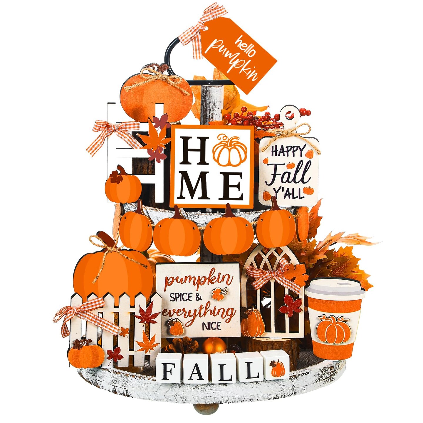 15 Pieces Fall Tiered Tray Decor Pumpkins Farmhouse Decor Autumn Maple Leaf Table Centerpieces Thanksgiving Harvest Wood Blocks Signs for Home Decor(Cute Style)