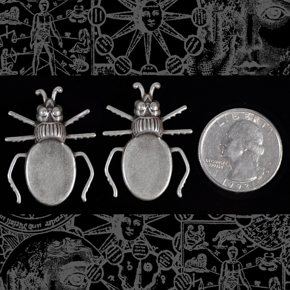 Antiqued Silver Plated Brass Beetle Pendant Charm Flat Setting on Back - Set of Two - S-P71