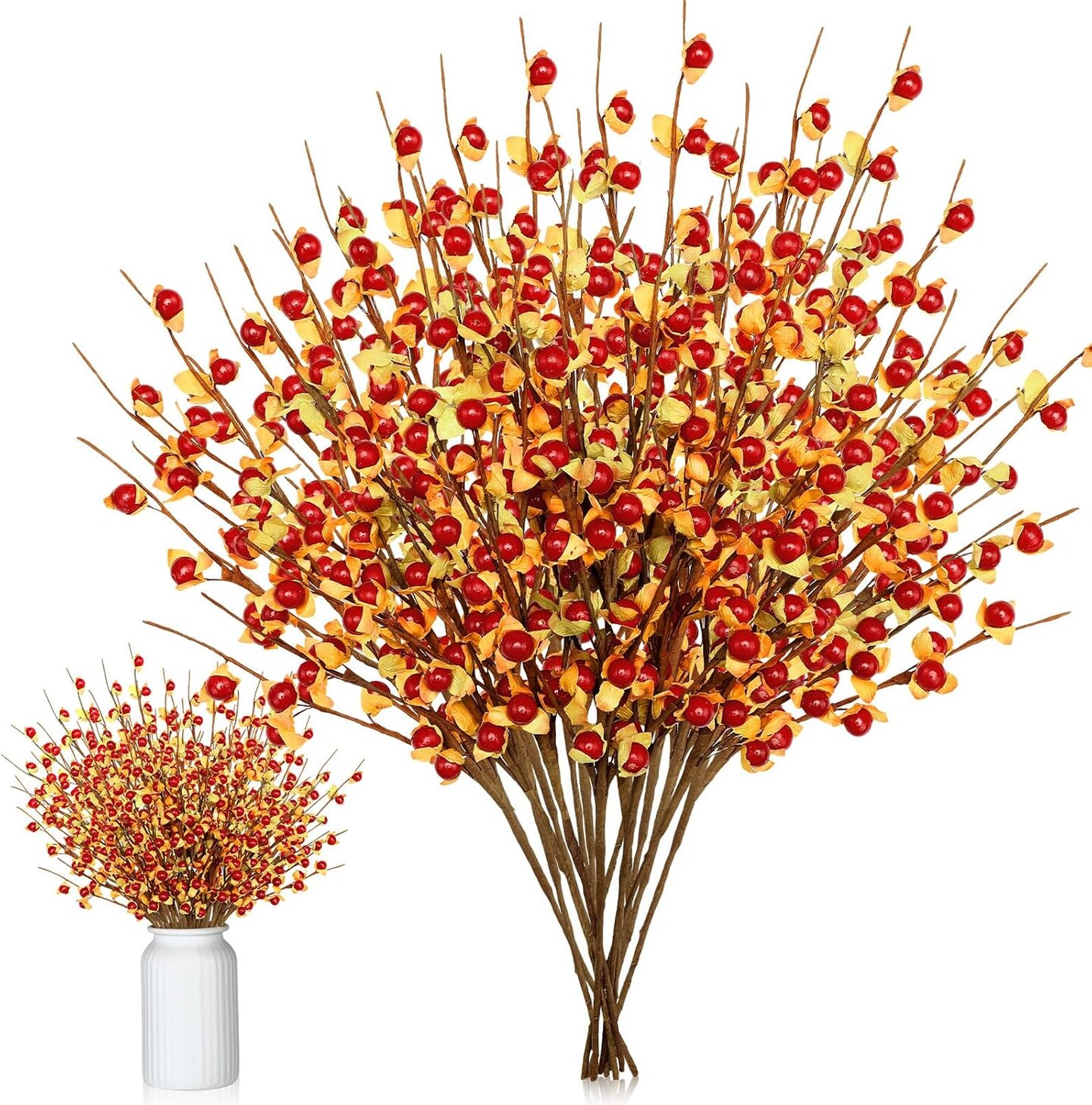 6 Pcs Fall Berry Stems Fall Picks 16&#x22; Artificial Bittersweet Branches Autumn Orange Spray with Red Berries Floral Arrangements with Fake Stem for Harvest Vase Festival Indoor Holiday Decoration