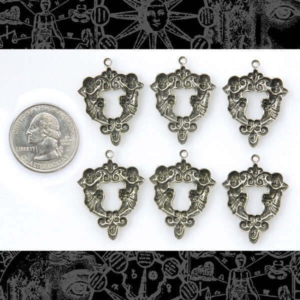 Antiqued Silver Plated Brass Double Cherub Charms - Set of Six - S-C39