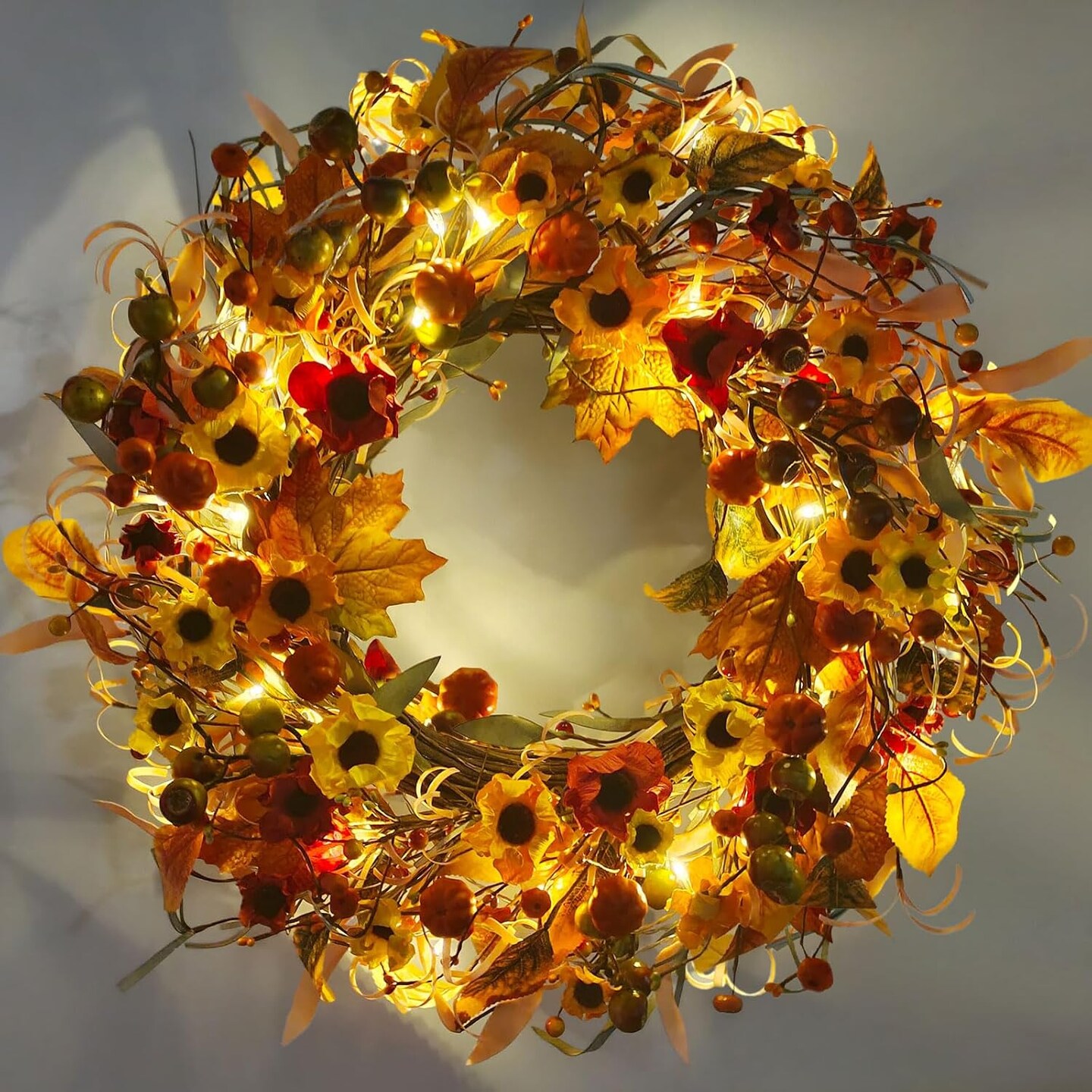 Fall Farmhouse Wreath with Berry,Daisies and Pumpkins, Autumn Wreaths for Front Door Outdoor Window Indoor Thanksgiving Halloween Decor