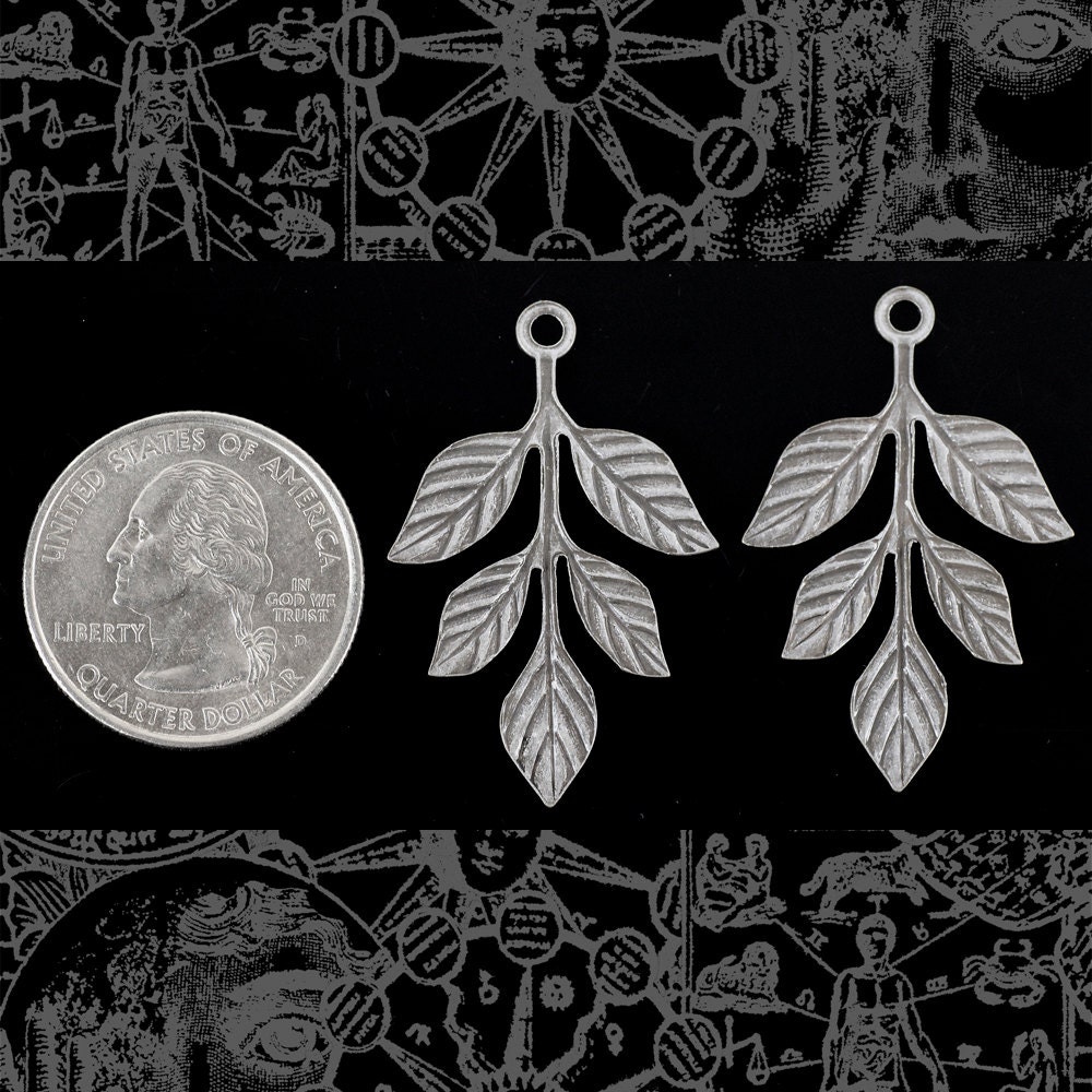 Antiqued Silver Plated Brass Leafy Branch Pendants - Set of Two - S-P65