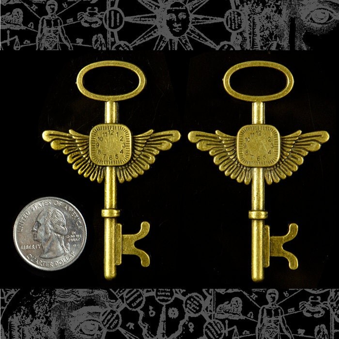 Bronzed Finish Flying Clock Key Pendants - Set of Two - ZB-P12