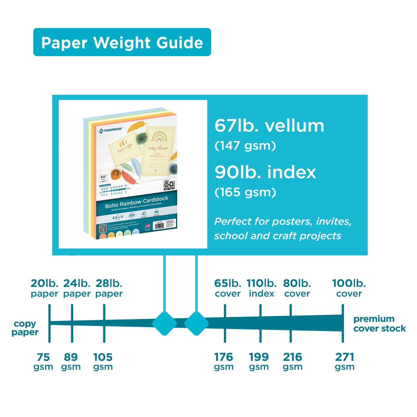 PrintWorks Boho Rainbow Cardstock, 5 Assorted Colors, Solid Core, 200 Sheets, 8.5&#x201D; x 11&#x201D; (00605)