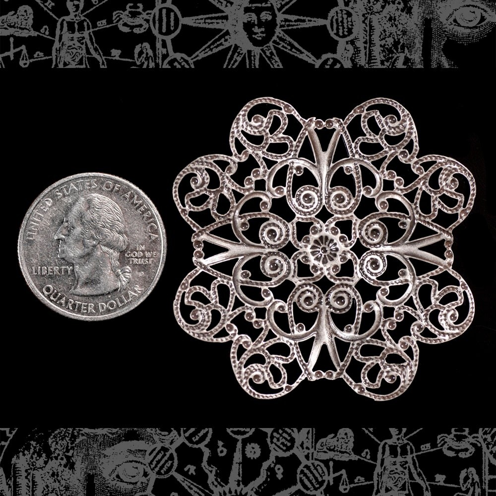 Large Flower Shaped Eight Petaled Antiqued Silver Plated Brass Pendant Filigree 52mm - S-W32