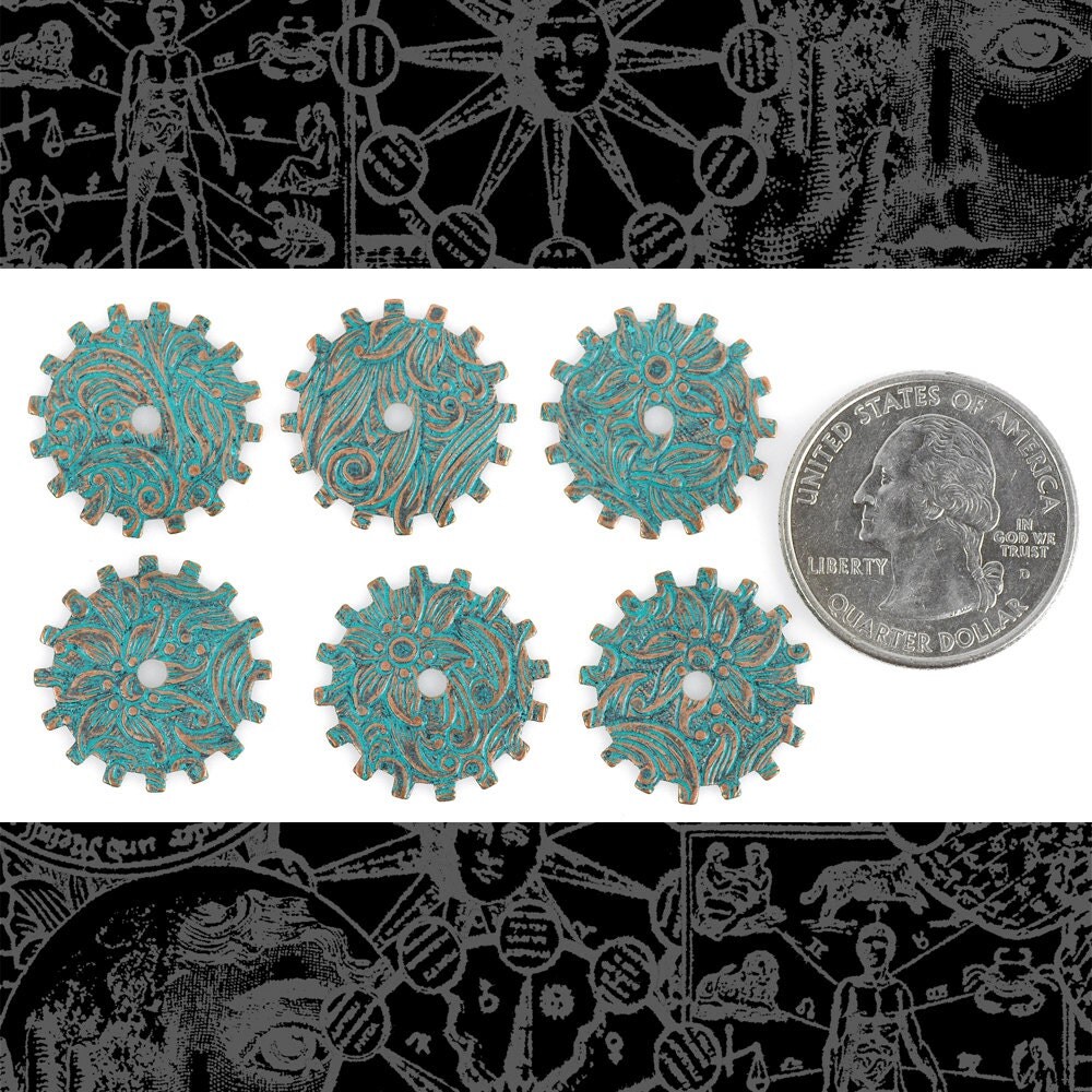 Verdigris Finished Brass 20mm Floral Patterned Etched Steampunk Solid Wheels Gears Charms - Set of Six - V-PG05