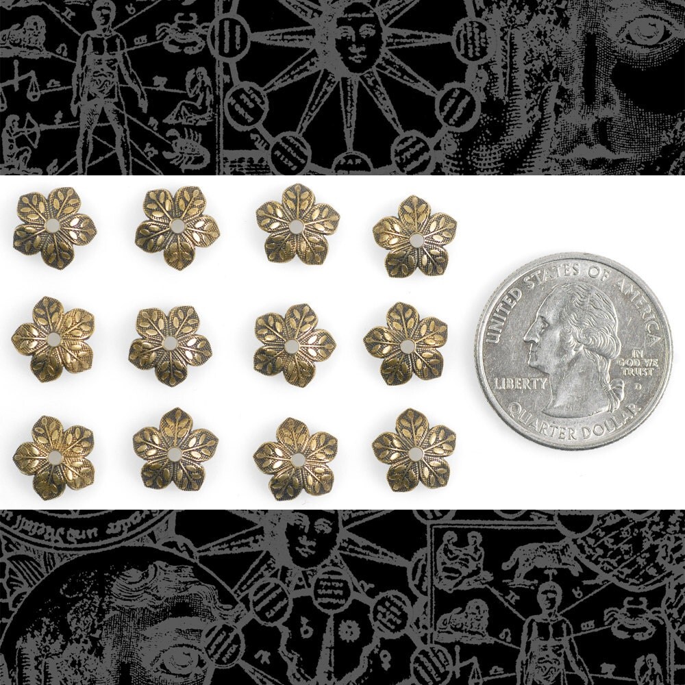 Antiqued Brass 8mm Floral Five Leaf Petal Brass Bead Caps - Set of 12 - AB-BC10