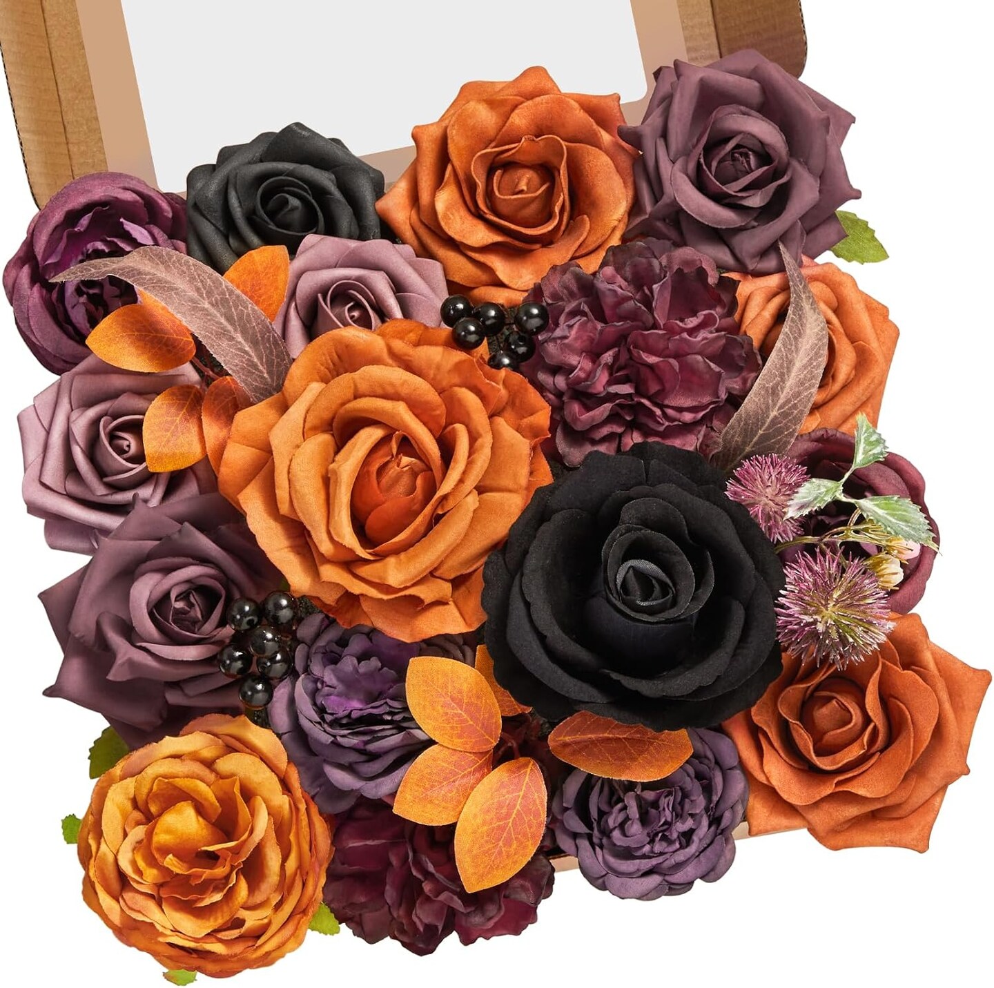 Fall Aritificial Flowers Orange Silk Flowers Purple Black Roses Fake Flowers for DIY Fall Centerpieces Boutonnieres Cake Flowers Fall Floral Home Decoration