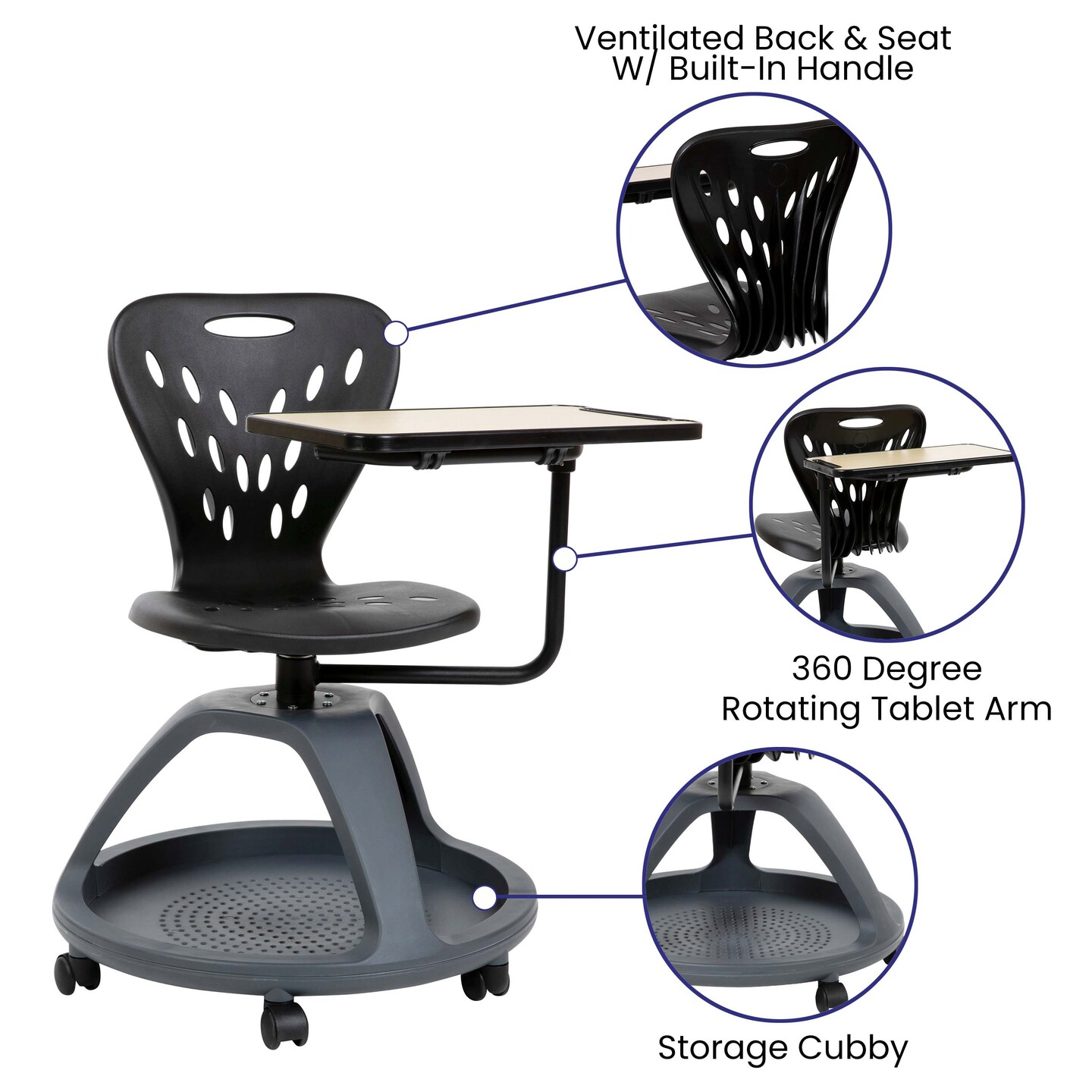 Emma and Oliver Mobile Desk Chair - 360&#xB0; Tablet Rotation and Storage Cubby
