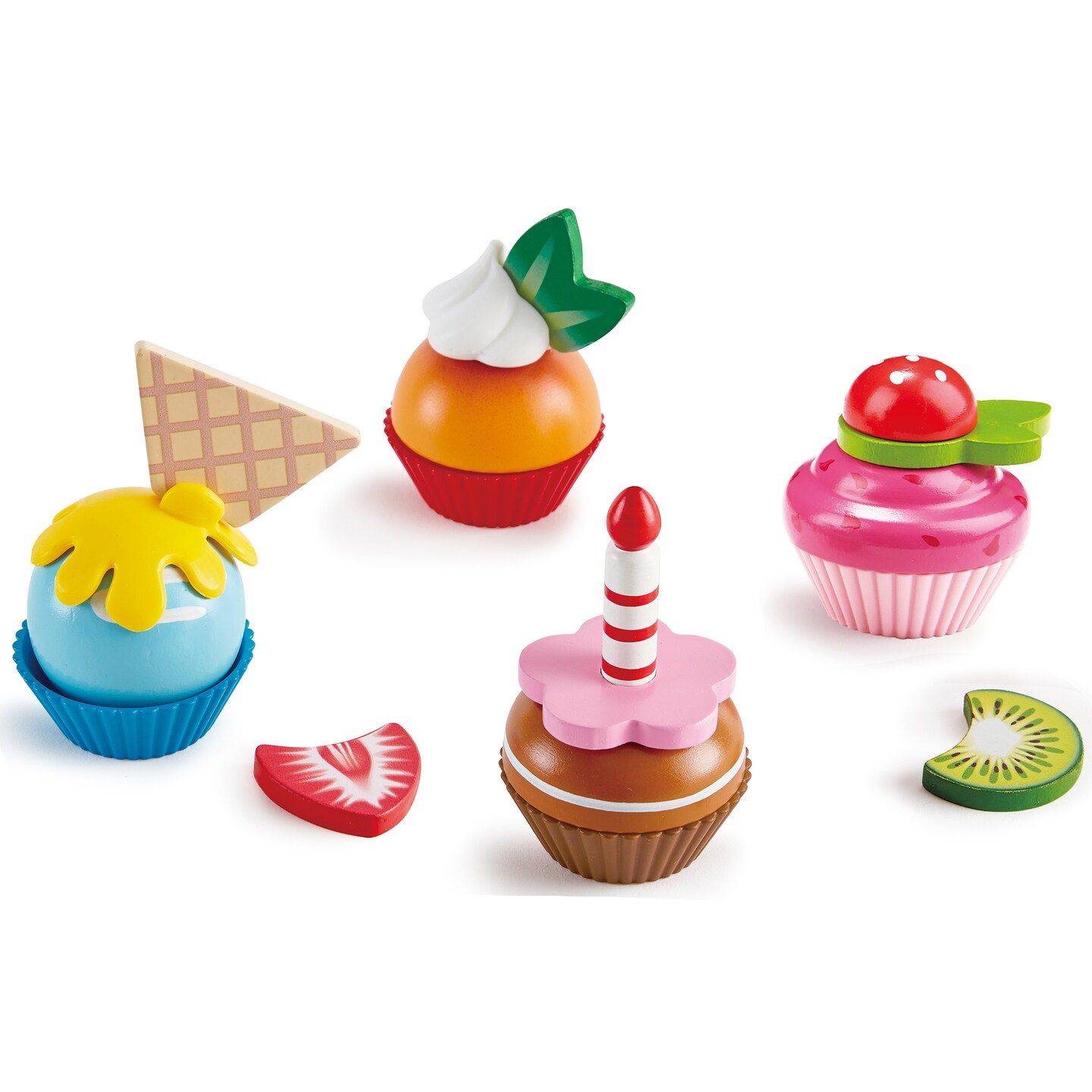 Hape: Cupcakes&#xA0;- 18pcs, Colorful Wooden Desserts Playset, Mix &#x26; Match, Multiple Shapes &#x26; Textures, Kitchen Food, Building Toy, Toddlers &#x26; Kids Ages 2+