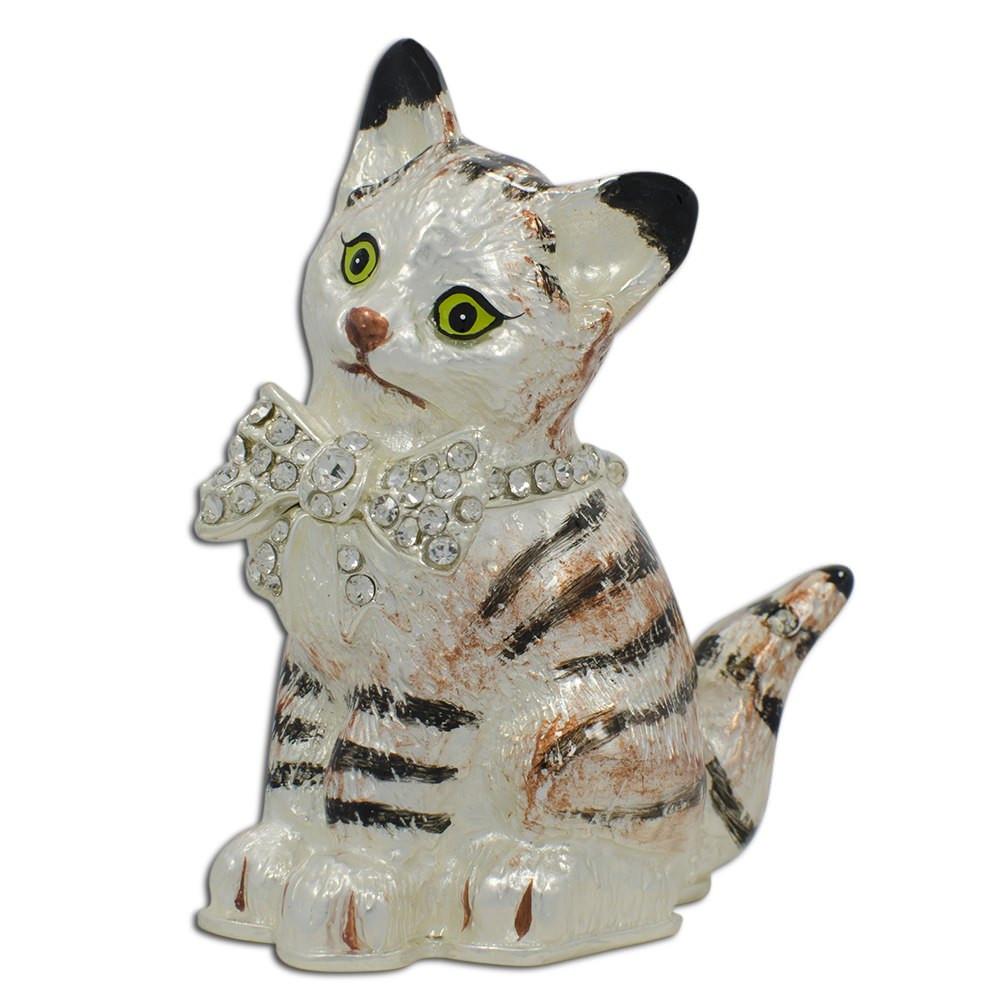 Maine Coon Cat with a Crystal Bow Jewelry Trinket Box Figurine