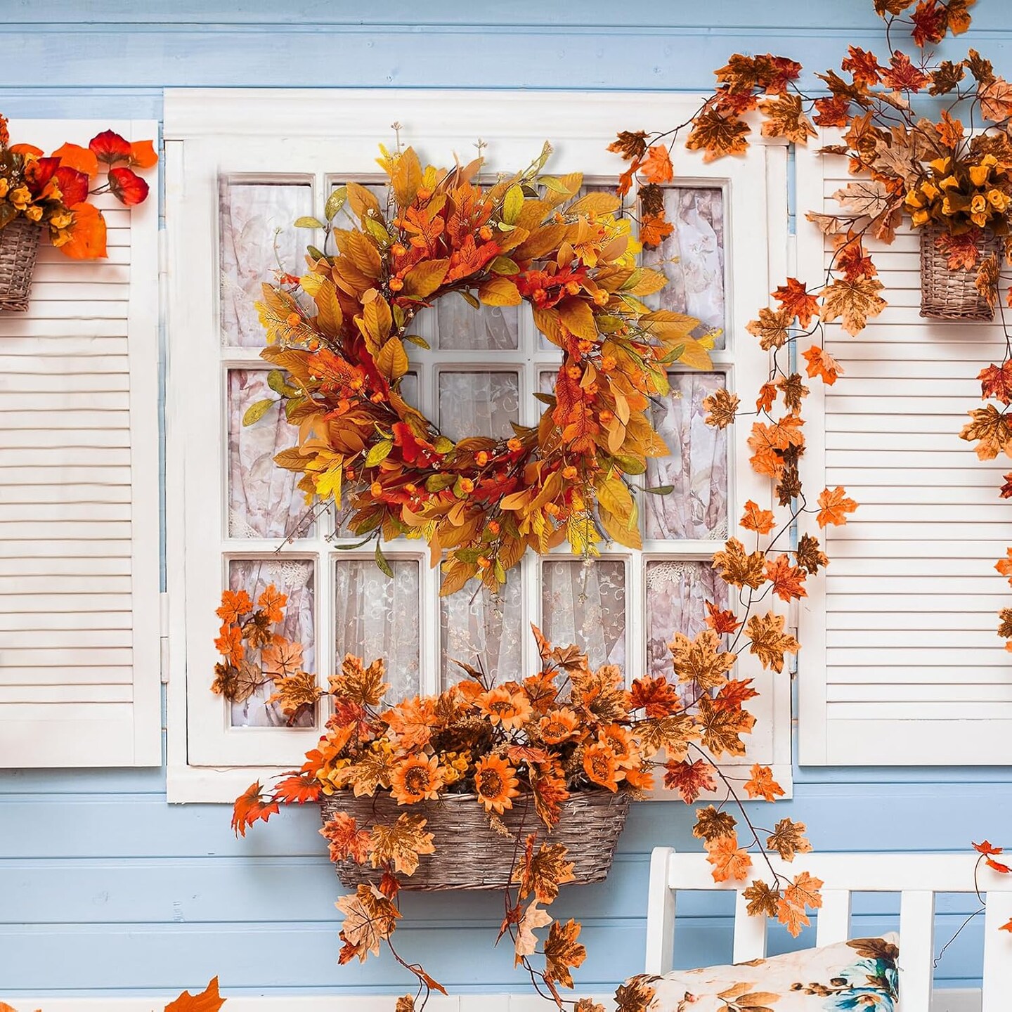 Artificial Orange Autumn Wreath with Pumpkin Berries Eucalyptus Maple Leaf Wreath for Front Door Window Wall Thanksgiving Harvest Festival Decor