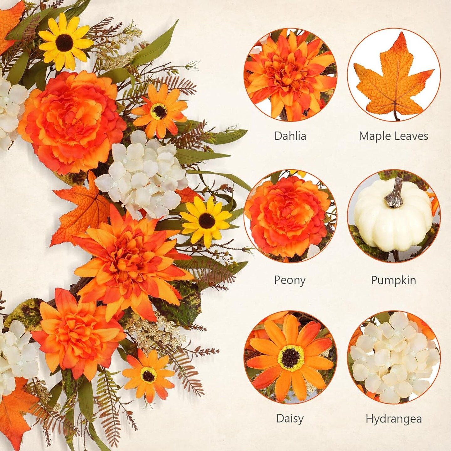 Artificial Sunflowers Autumn Flowers Wreath with Dahlia Peony Hydrangea Pumpkin Berries for Indoor Outdoor Window Wall Porch Harvest Halloween Thanksgiving Decor