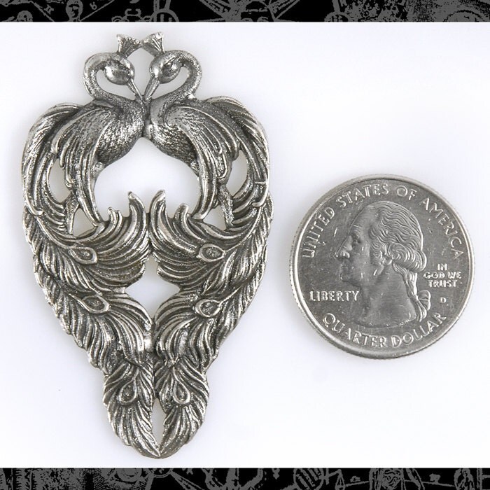 Antiqued Silver Plated Brass Vintage Double Peacock Pendant - One - S-P41