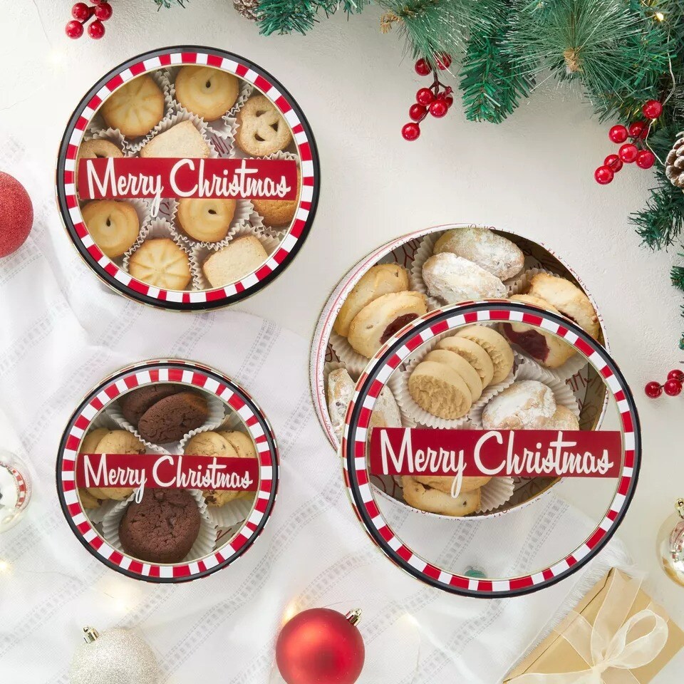 Set of 3 Christmas Cookie Tins with Lids for Gift Giving, Holiday Containers