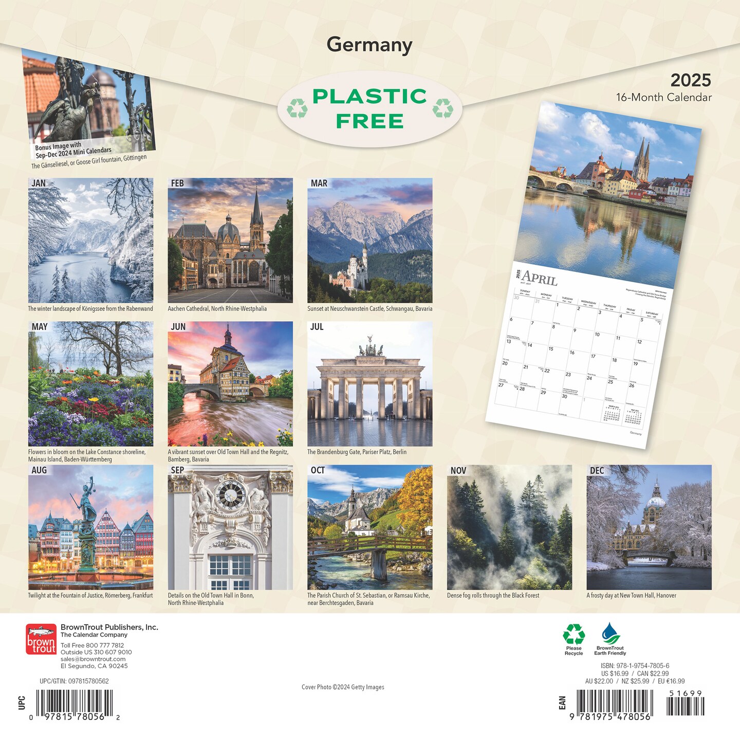 Germany | 2025 12 x 24 Inch Monthly Square Wall Calendar | Plastic-Free | BrownTrout | Travel Europe Berlin Munich