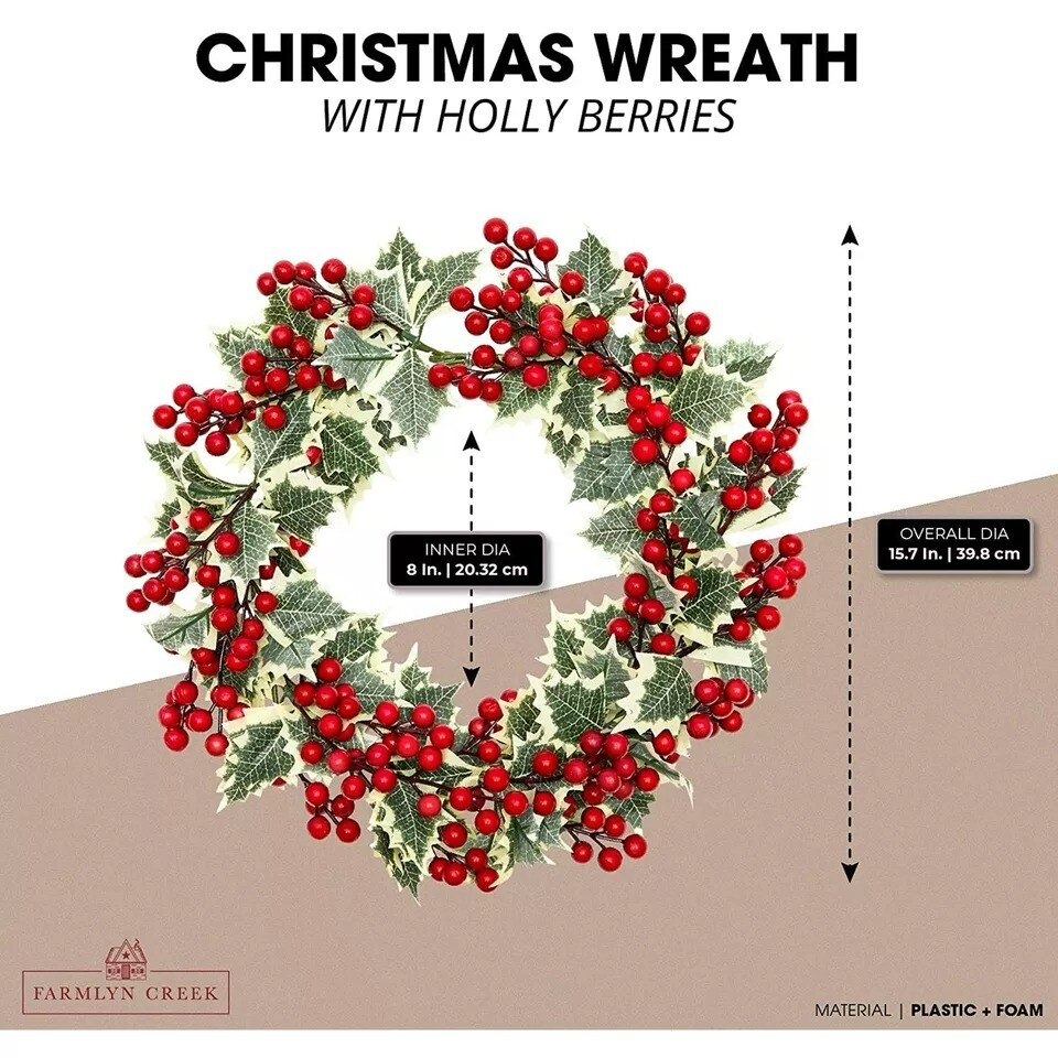 Christmas Wreaths for Front Door Holly Berries Winter Holiday Home Décor 15.7”