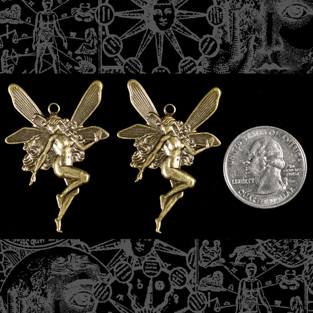 Antiqued Brass Fairy Pendants with One Ring Set of Two - AB-P80