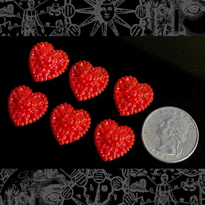 Six Sparkly Red Heart Cabochons - Set of Six - Cab26