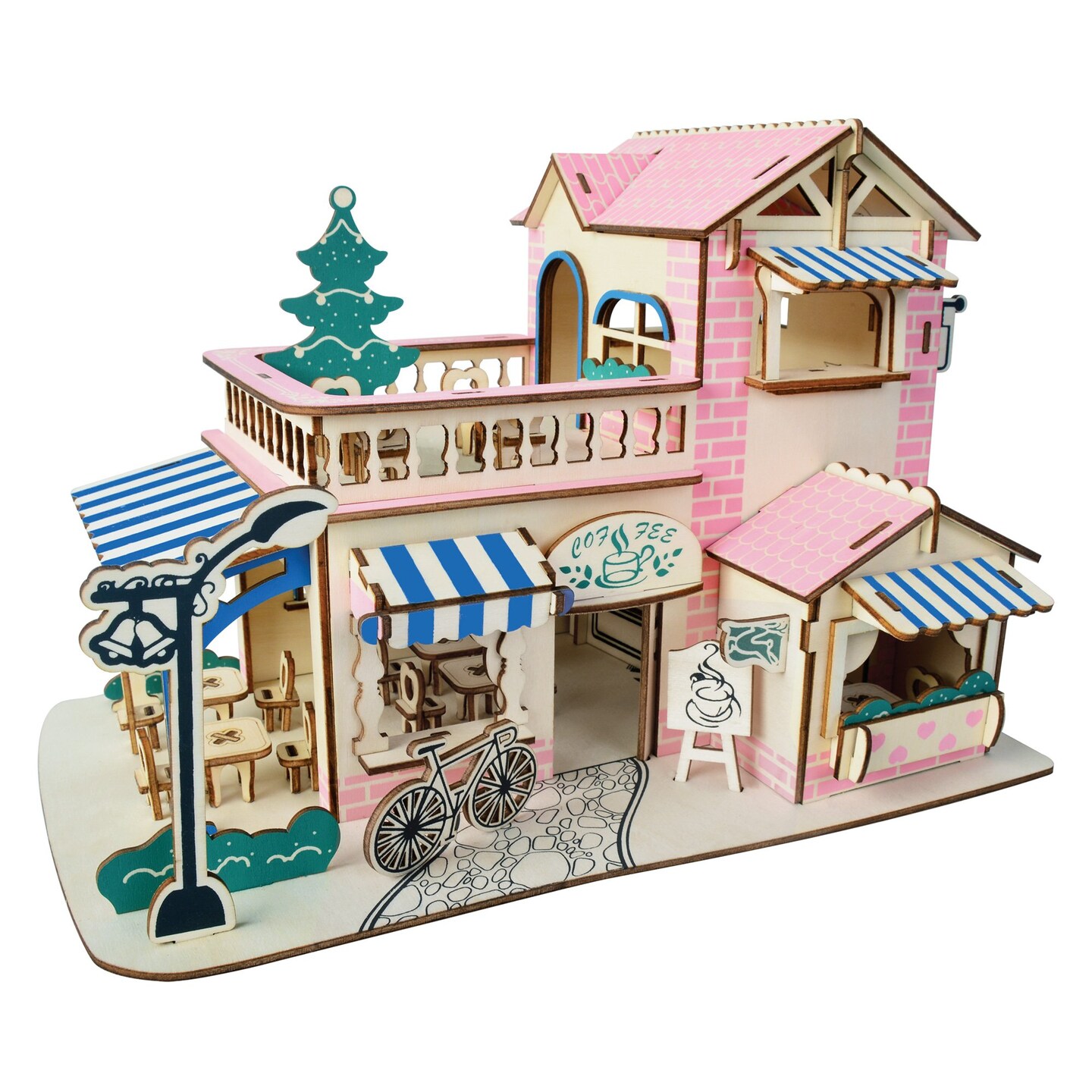 Coffee Shop Building Model Kit - Wooden Laser-Cut 3D Puzzle (161 Pcs)