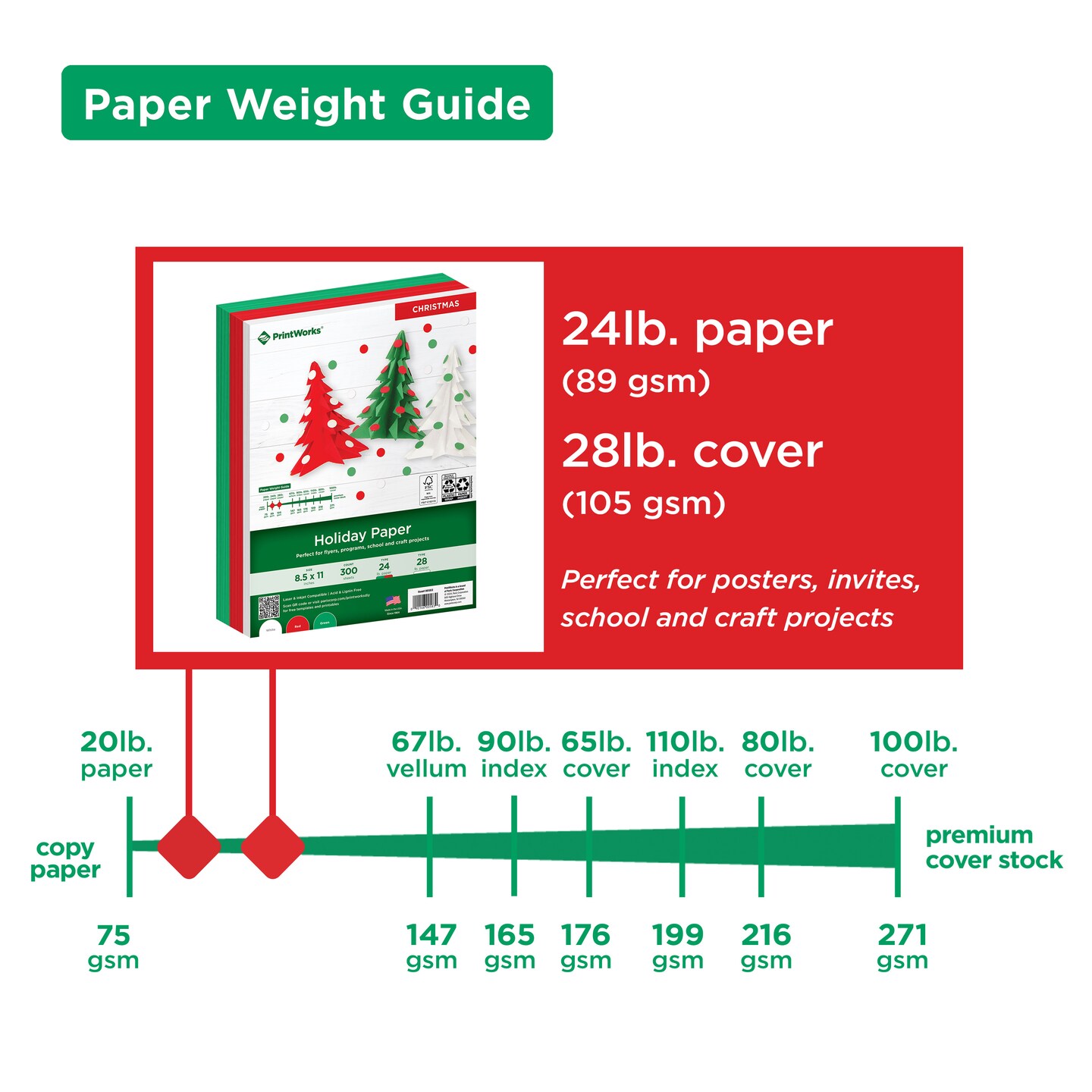 Printworks Holiday Paper, Includes White, Red and Green Paper, 8 &#xBD;&#x201D; x 11&#x201D;, 300 Sheets (00583)