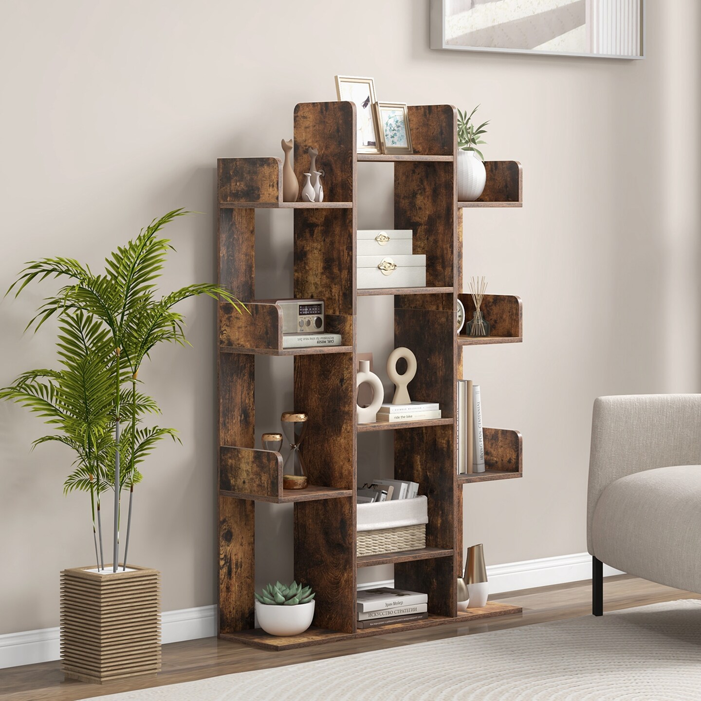 Costway 1/2 PCS Bookshelf Tree-Shaped Bookcase with 13 Storage Shelf Rustic Industrial Style Rustic Brown