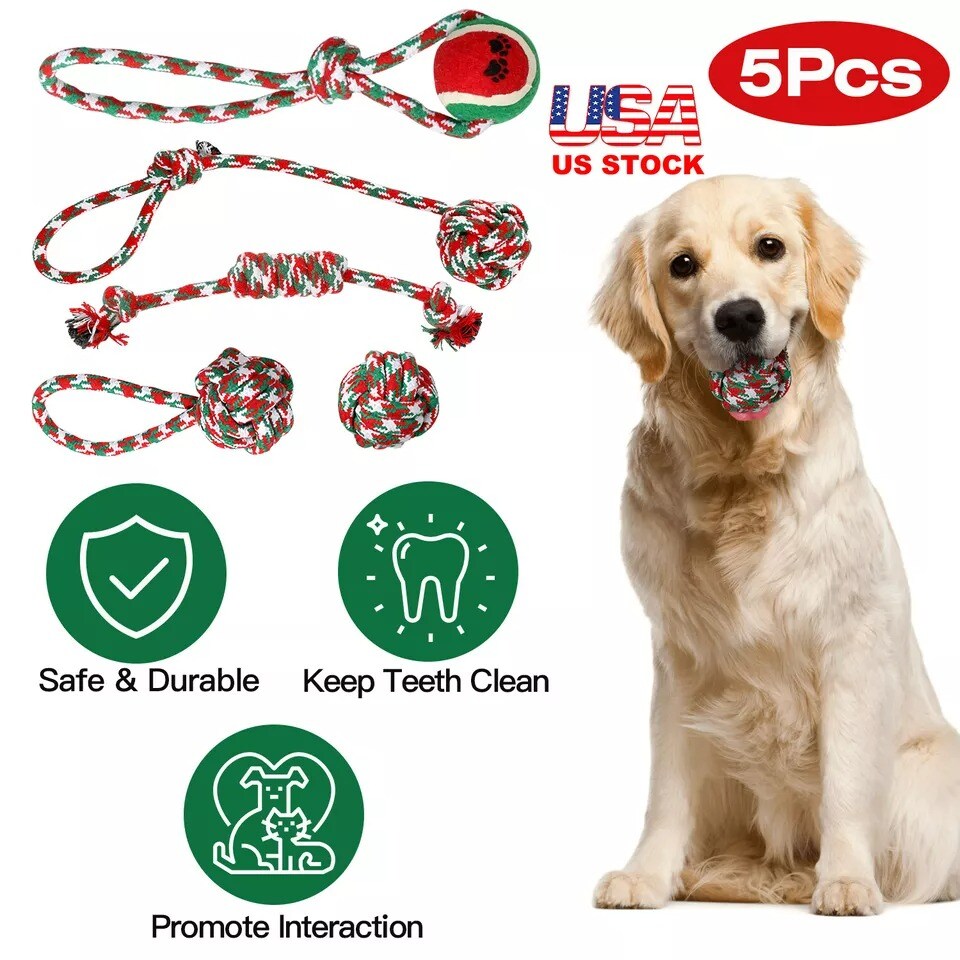 5pcs Pet Small Medium Large Dog Rope Chew Toys Set Ball Toy Christmas Gifts