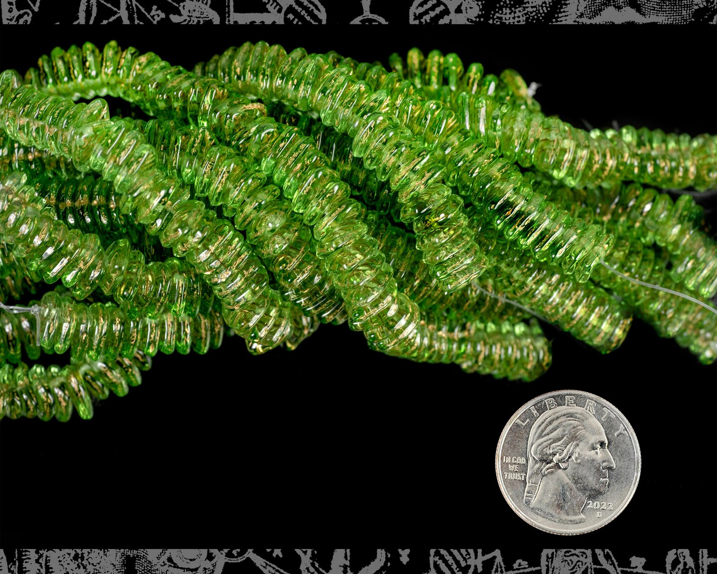 10mm Peridot Green Heart Leaf Beads with Gold Veins - Apx 50 beads - GB-LB7