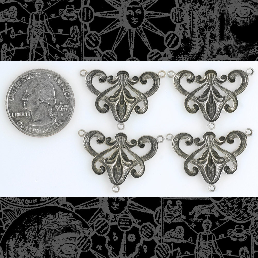 Antiqued Silver Plated Brass Lily 3x Connectors - Set of Four - XXX - S-3C10