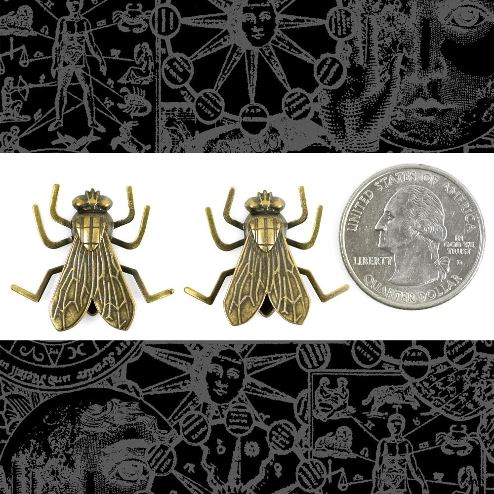 Antiqued Brass Life-Sized Fly Charms with Bendable Legs - Set of Two - XXX - AB-C130