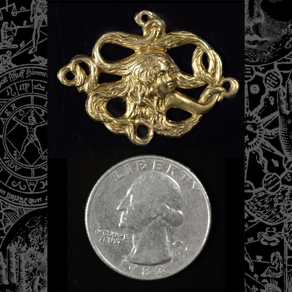 Raw Brass Art Deco Lady with Flowing Octopus Hair Pendant - - B-P17