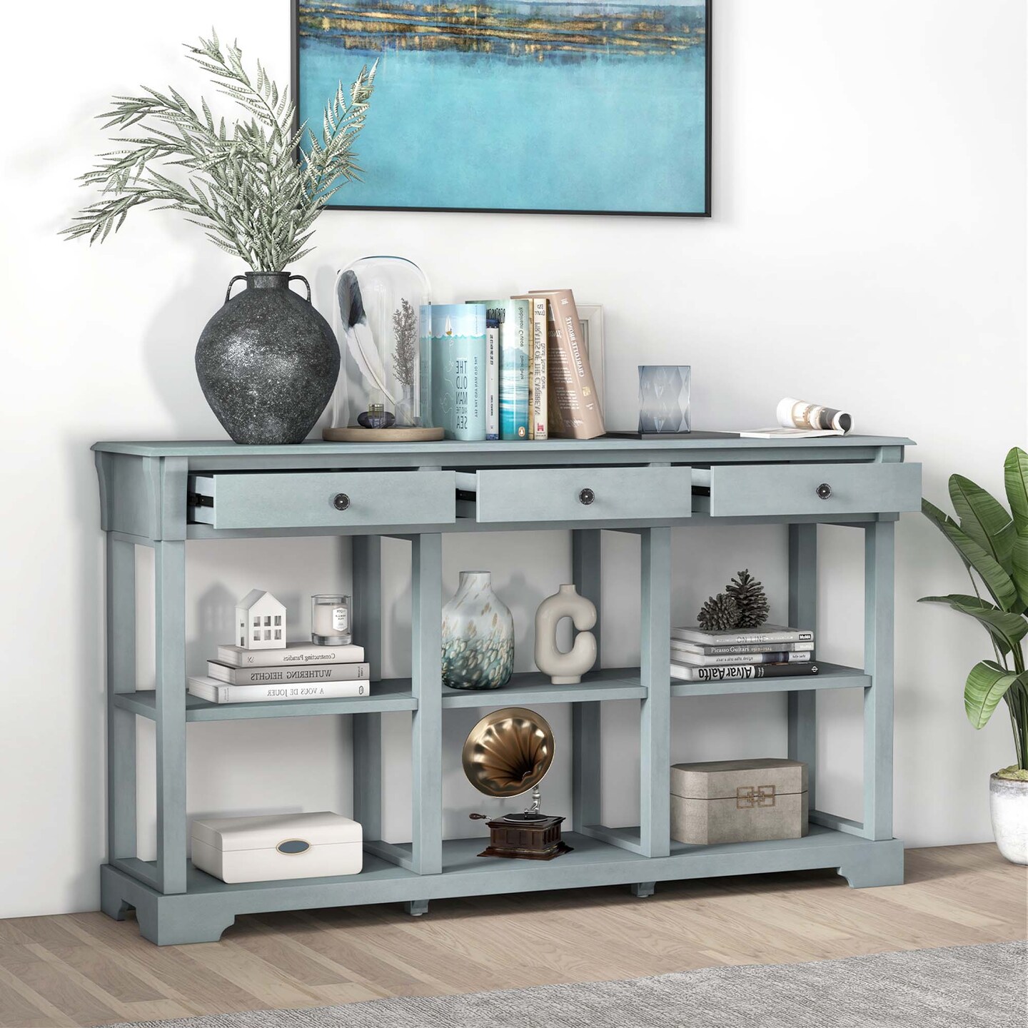 Costway 58&#x27;&#x27; Long Sofa Table with Storage Retro Console Table with 3 Drawers &#x26; Open Shelves Blue/White