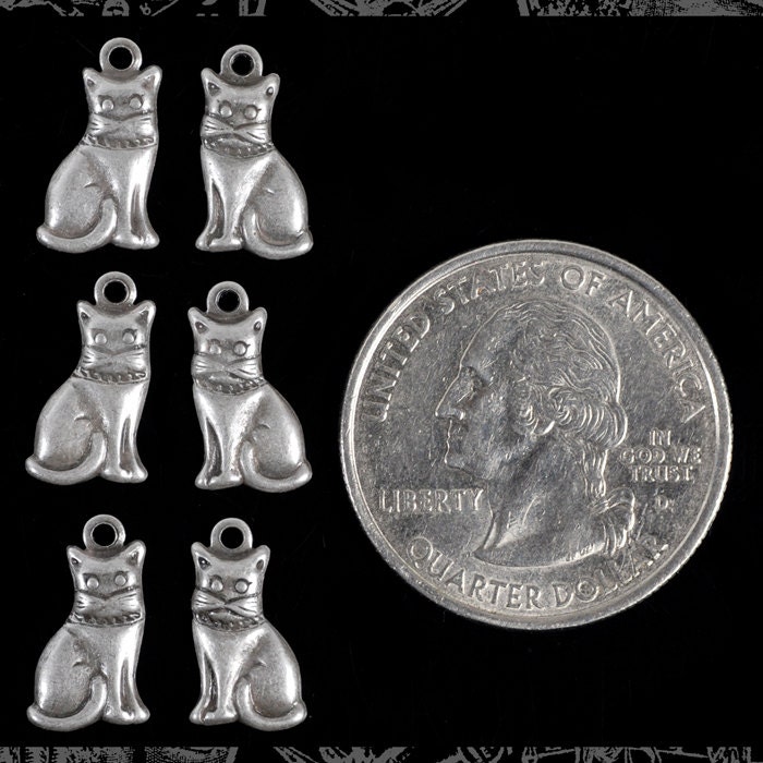 Antiqued Silver Plated Brass Mini Sitting Cat Charms - Three Sets of Two Facing Each Other - S-C121