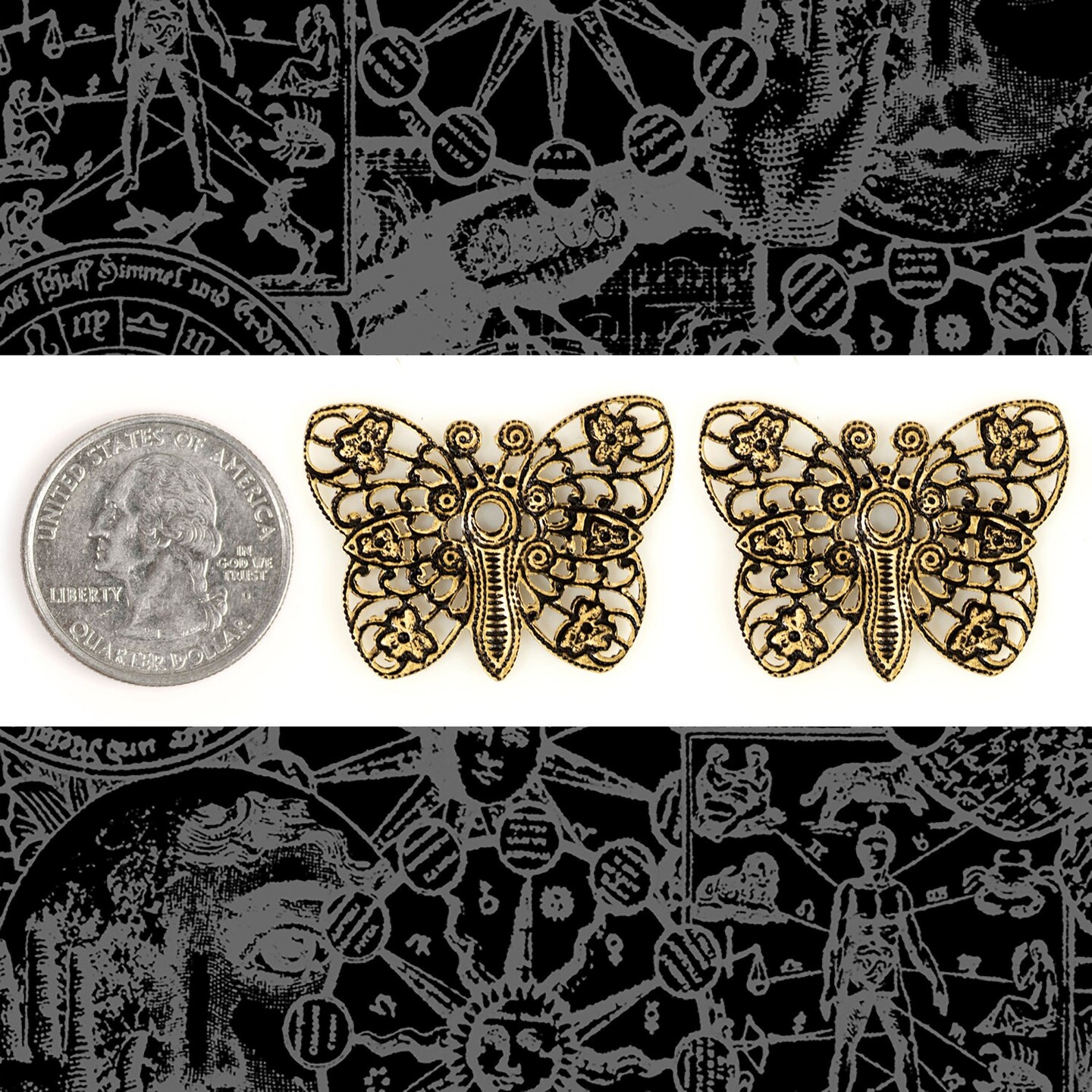 Antiqued Brass Filigree Butterfly Pendant with Center Hole for Rivet - Set of Two - AB-P110