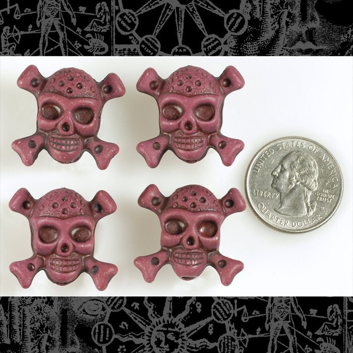 Purple 27mm  x 22mm Skull and Crossbones Resin Pendant Beads - Set of Four - Bead-B31