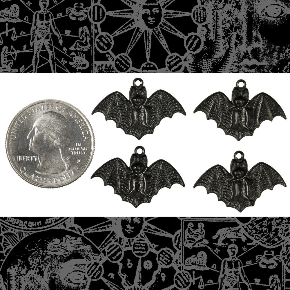 Black Plated Brass Raw Wide Bat Charms - Set of Four - BB-C152