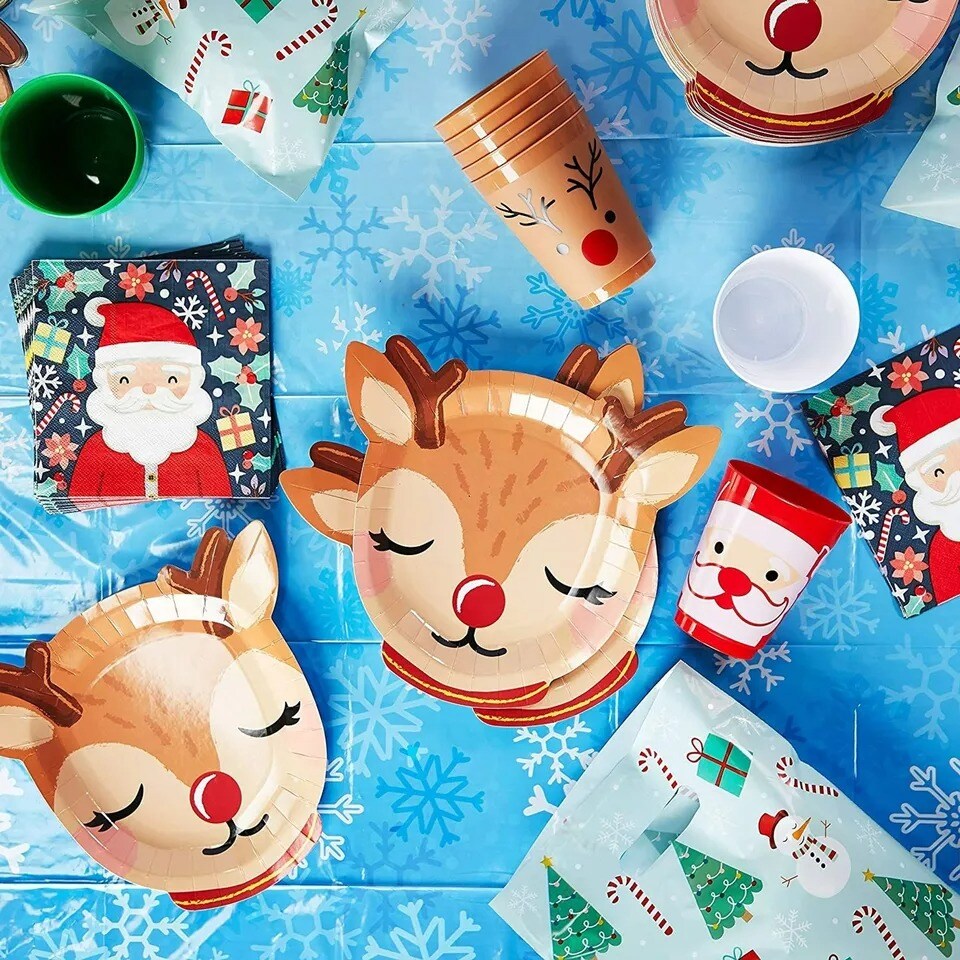 48x Christmas Cute Reindeer Paper Plates for Holiday Party Dinnerware 10x9&#x201D;
