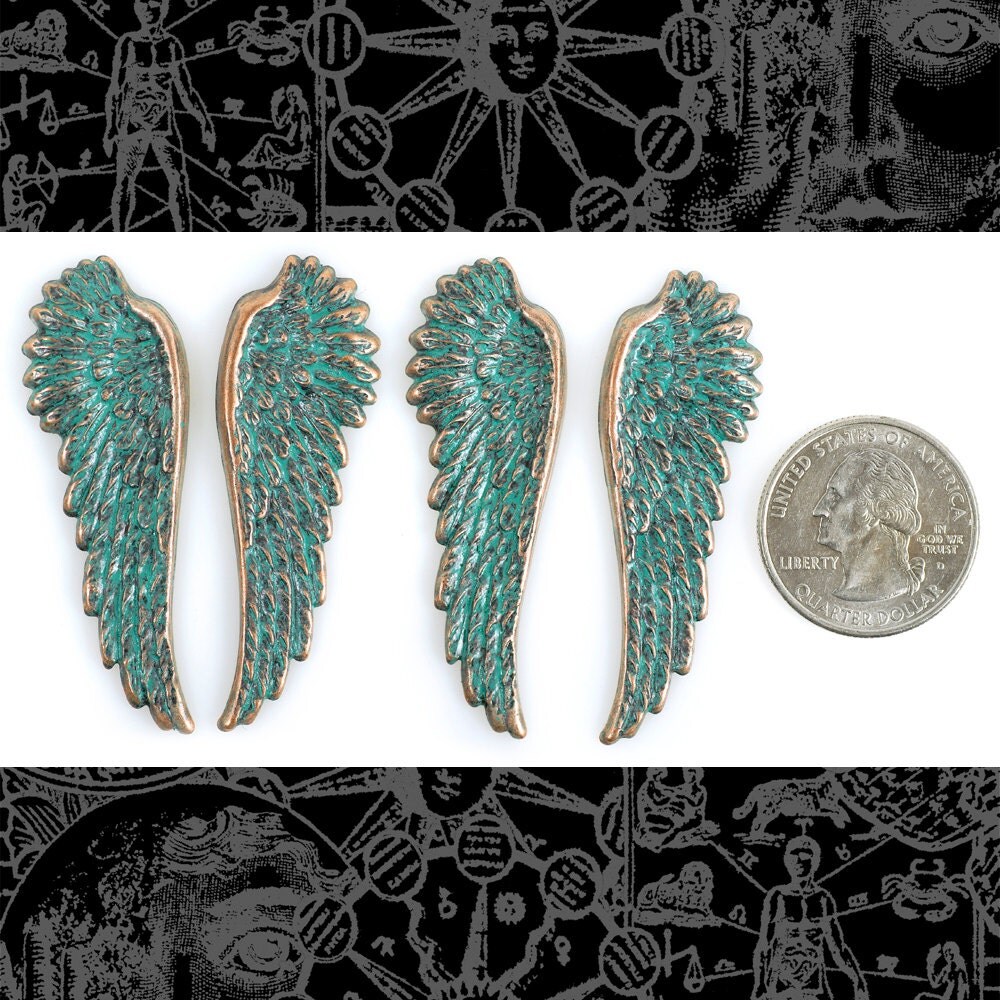 Verdigris Finished Brass Angel Wing Charms - Two Sets of Wings - V-P09