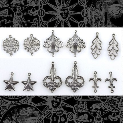 Antiqued Silver Plated Brass Connectors Set of Six Different - Star - Floral - Filigree - Fleur de Lis - XXX - S-2CSet02