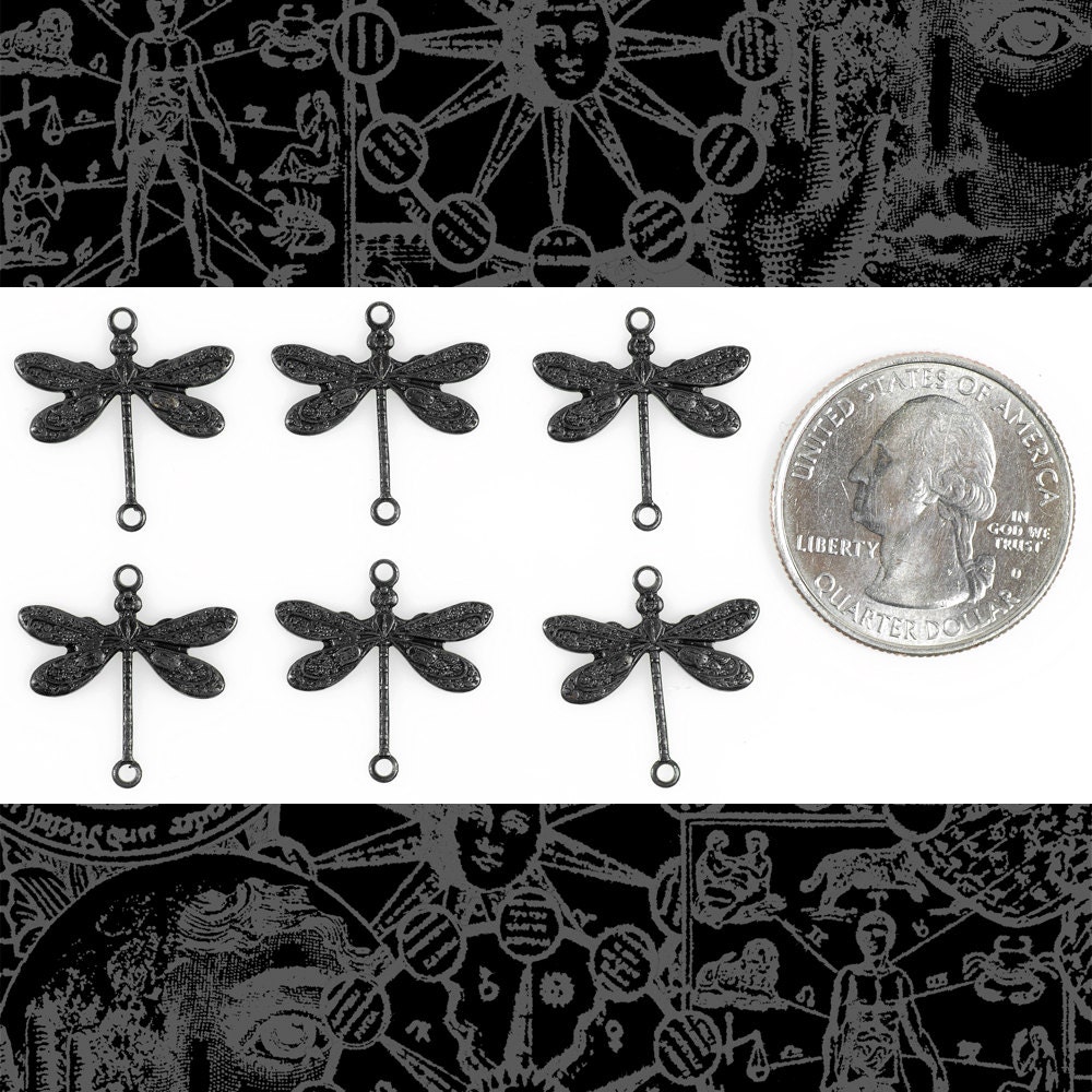 Black Plated Brass Medium Ornate Dragonfly Two Ring Connectors - Set of Six - BB-2C13