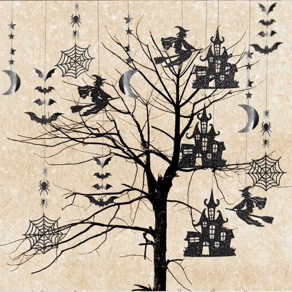Halloween Witch Garland for Haunted House Decoration Black Glitter Gothic Sticker Decals Star Moon Hanging Streamers Backdrop for Halloween Party Birthday Baby Shower Office Classroom Decor