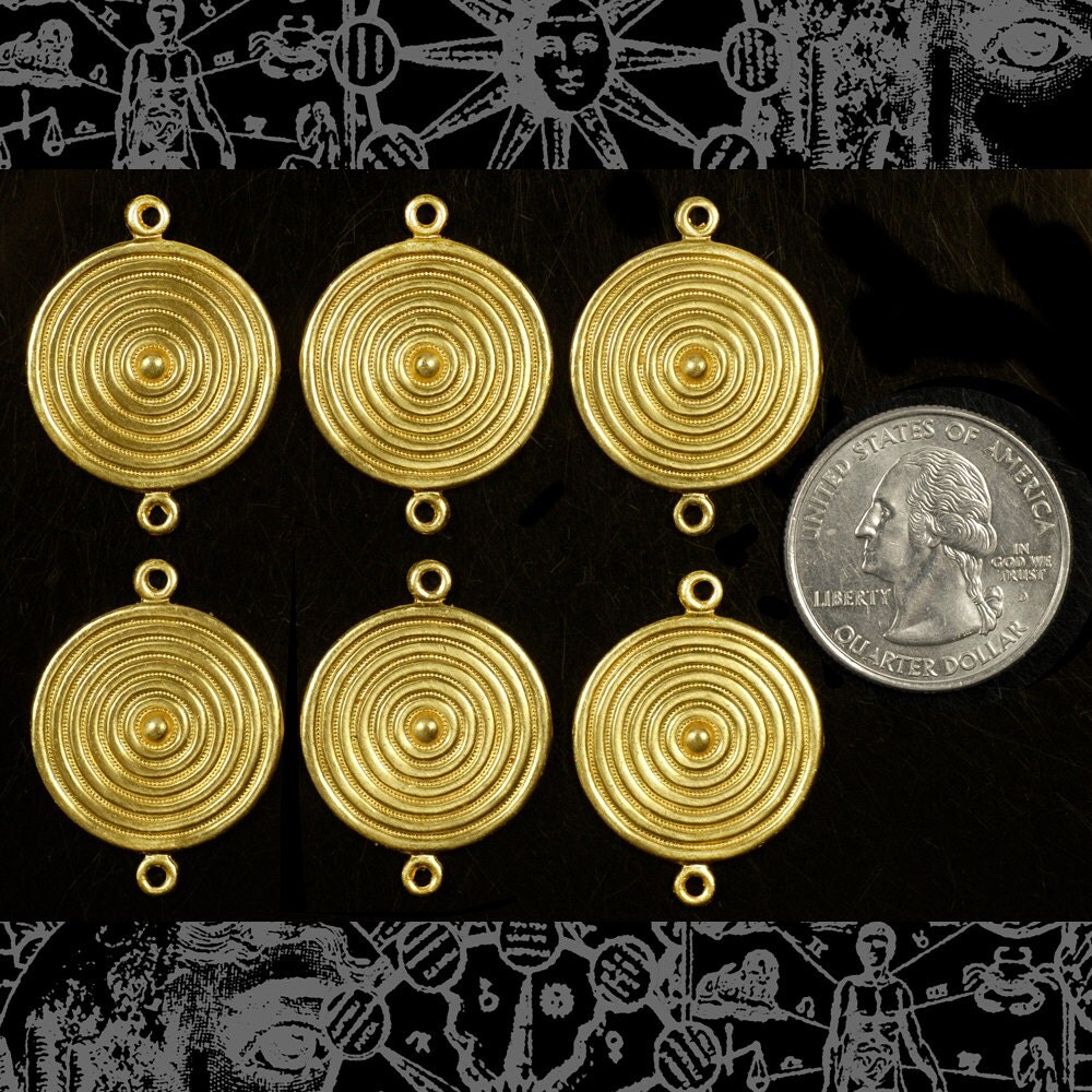 Raw Brass Round Spinner Two Ring Connectors - Set of Six - XXX - B-2C81