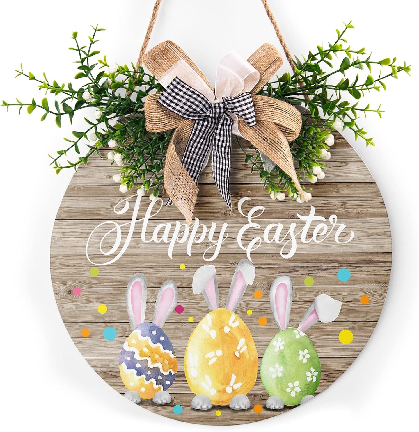 Happy Easter Wooden Hanging Sign with Colorful Eggs and Bunny Design ...